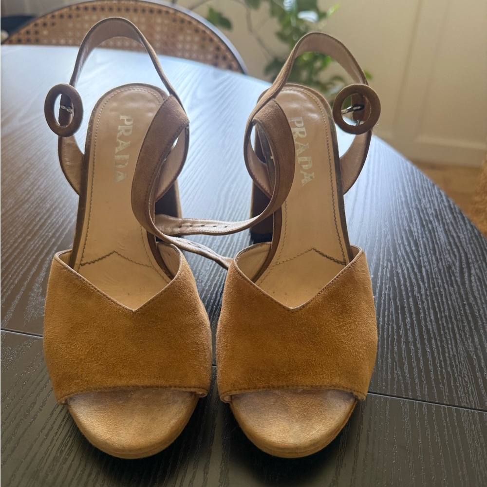 Prada Tan Suede Block Heel Sandals - Size 7.5 - Picture 2 of 5